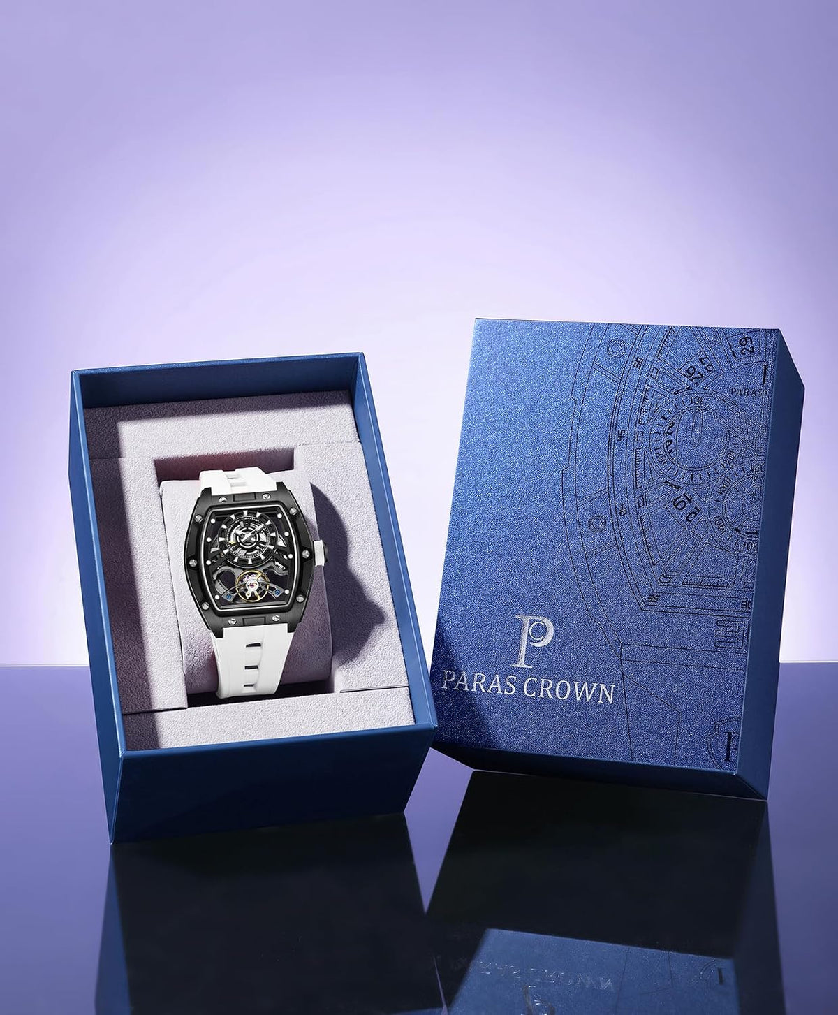Paras Crown Automatic Watches for Men Stainless Case Silicone Strap Analog 50M Waterproof Mechanical Watch Fashion Mens Watches Relojes De Hombre