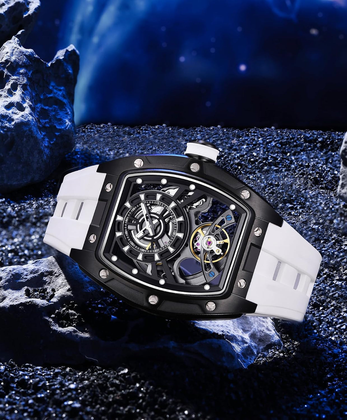 Paras Crown Automatic Watches for Men Stainless Case Silicone Strap Analog 50M Waterproof Mechanical Watch Fashion Mens Watches Relojes De Hombre