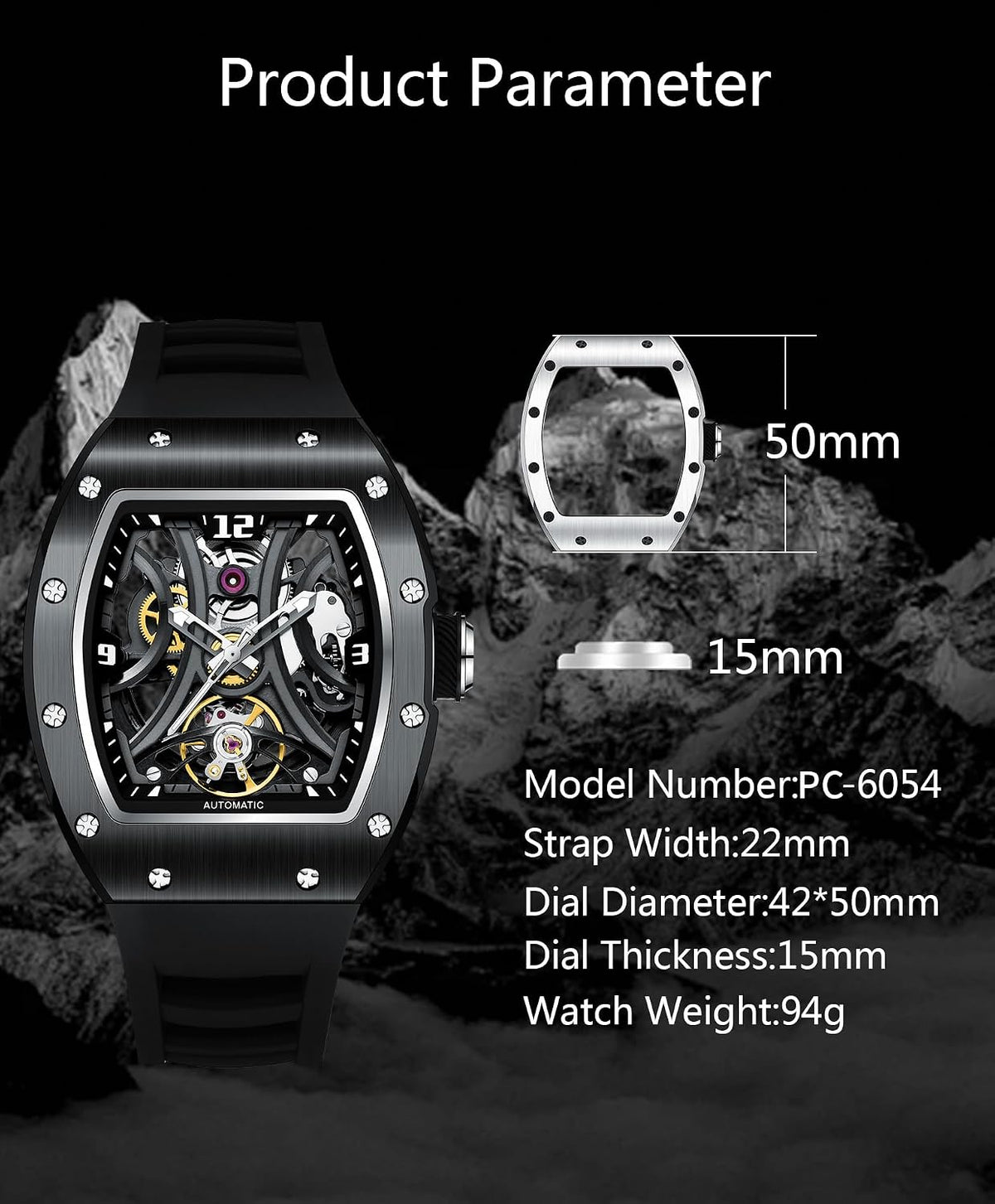 Paras Crown Automatic Watches for Men Stainless Case Silicone Strap Analog 50M Waterproof Mechanical Watch Fashion Mens Watches Relojes De Hombre