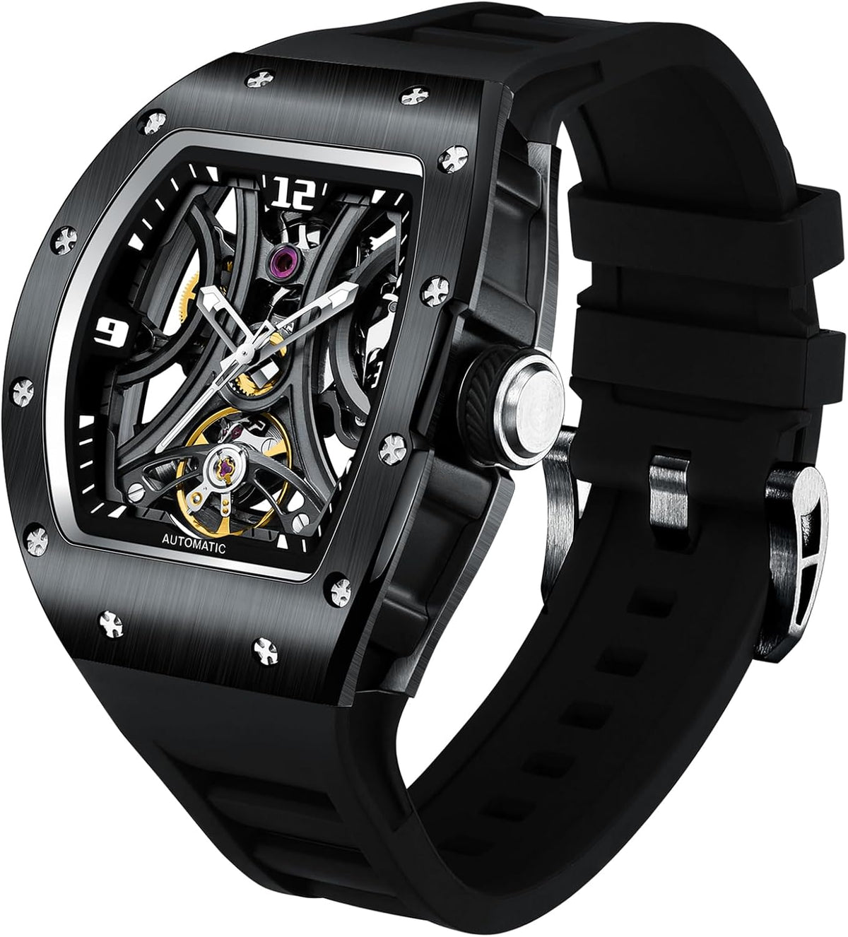 Paras Crown Automatic Watches for Men Stainless Case Silicone Strap Analog 50M Waterproof Mechanical Watch Fashion Mens Watches Relojes De Hombre
