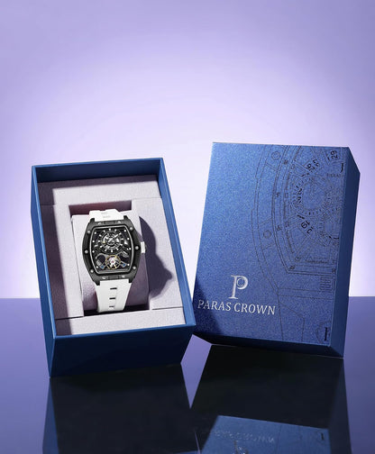 Paras Crown Automatic Watches for Men Stainless Case Silicone Strap Analog 50M Waterproof Mechanical Watch Fashion Mens Watches Relojes De Hombre