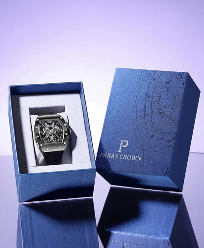 Paras Crown Automatic Watches for Men Stainless Case Silicone Strap Analog 50M Waterproof Mechanical Watch Fashion Mens Watches Relojes De Hombre