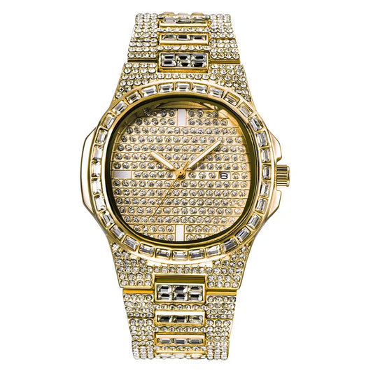 Male Big Brand Watches Fashion Alloy Band Hip Hop Diamond Golden Luxury Date Quartz Vintage Watch Relojes Lujo Marcas Men 2024