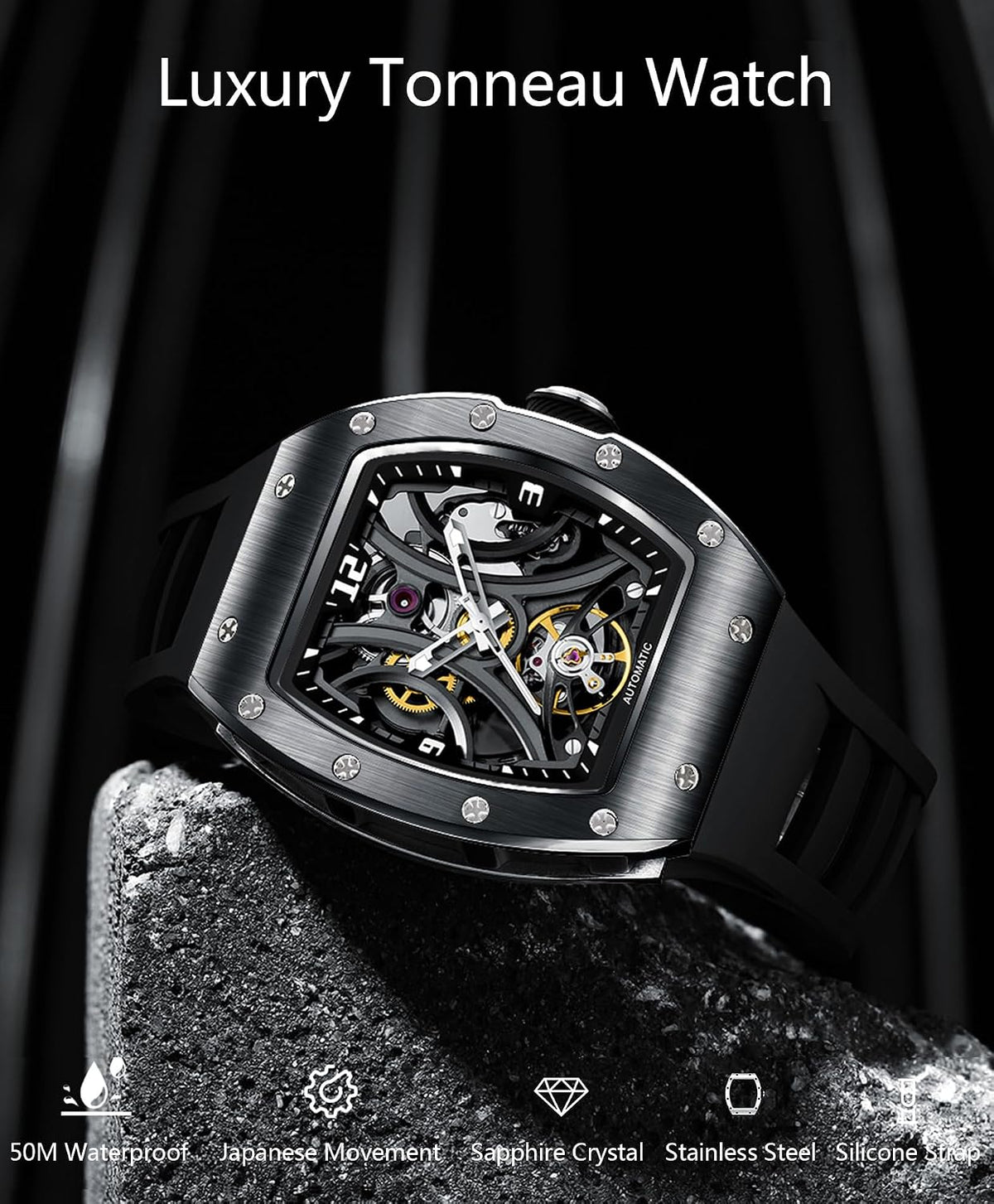Paras Crown Automatic Watches for Men Stainless Case Silicone Strap Analog 50M Waterproof Mechanical Watch Fashion Mens Watches Relojes De Hombre