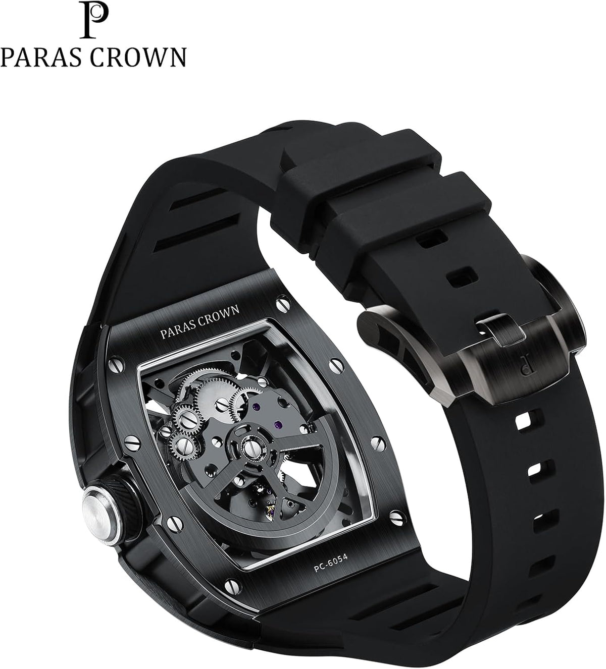 Paras Crown Automatic Watches for Men Stainless Case Silicone Strap Analog 50M Waterproof Mechanical Watch Fashion Mens Watches Relojes De Hombre