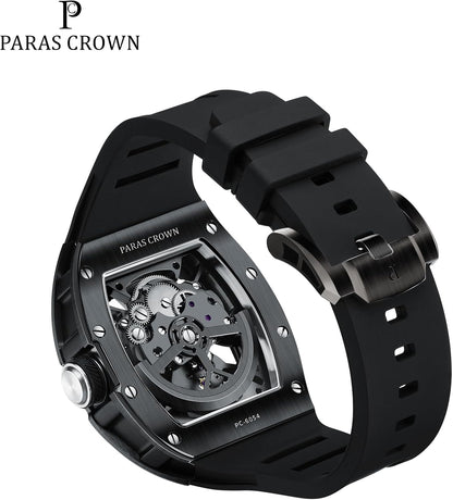 Paras Crown Automatic Watches for Men Stainless Case Silicone Strap Analog 50M Waterproof Mechanical Watch Fashion Mens Watches Relojes De Hombre