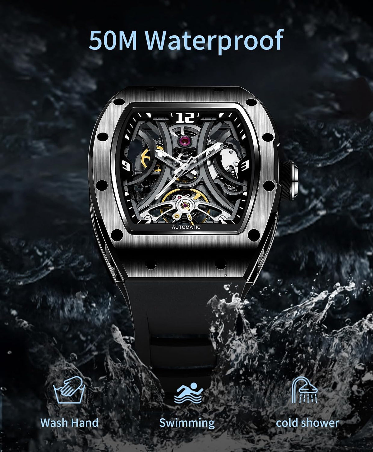 Paras Crown Automatic Watches for Men Stainless Case Silicone Strap Analog 50M Waterproof Mechanical Watch Fashion Mens Watches Relojes De Hombre