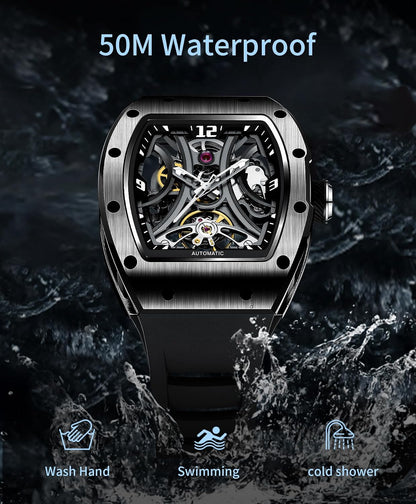 Paras Crown Automatic Watches for Men Stainless Case Silicone Strap Analog 50M Waterproof Mechanical Watch Fashion Mens Watches Relojes De Hombre